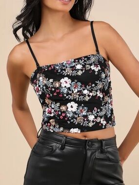 Lulus Noteworthy Glitter Black Multi Sequin Crop Top